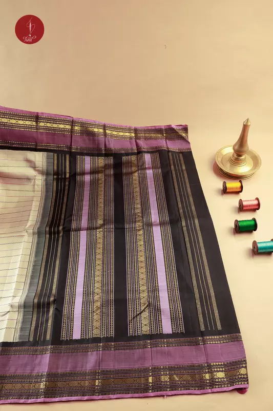 Kanchipuram Silk Saree - Veldhari Kalakshetra - Beige with Wine and Black (MS064) Kanchipuram Silk Saree - Veldhari Kalakshetra - Beige with Wine and Black (MS064)