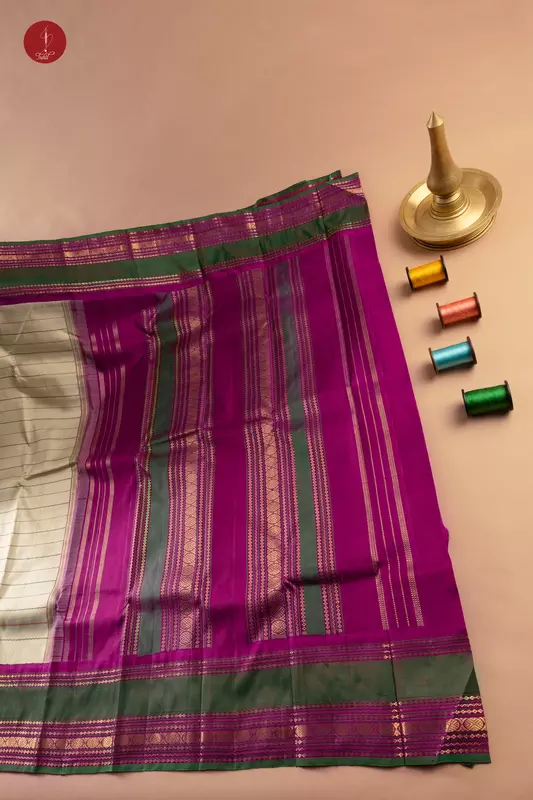 Kanchipuram Silk Saree - Veldhari Kalakshetra - Beige with Wine and Green (MS068)