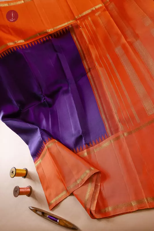 Kanchipuram Silk Saree - Navy Blue with Fanta Orange (Long Border) (MS072)