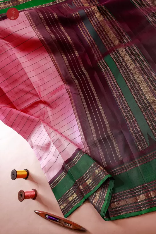 Kanchipuram Silk Saree - Veldhari Kalakshetra - Pink with Wine and Brown (MS075)