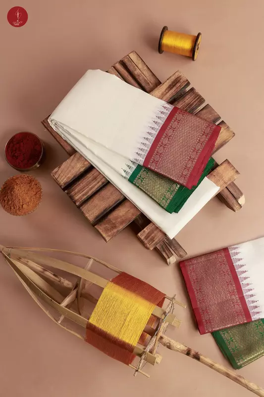 Handloom Pure Silk Veshti & Angavastaram – White – Ganga Jamuna (Red and Green) Gold Zari Mayil Kannu and Rudraksham – 9*5 (SVA309A) Handloom Pure Silk Veshti & Angavastaram – White – Ganga Jamuna (Red and Green) Gold Zari Mayil Kannu and Rudraksham – 9*5 (SVA309A)