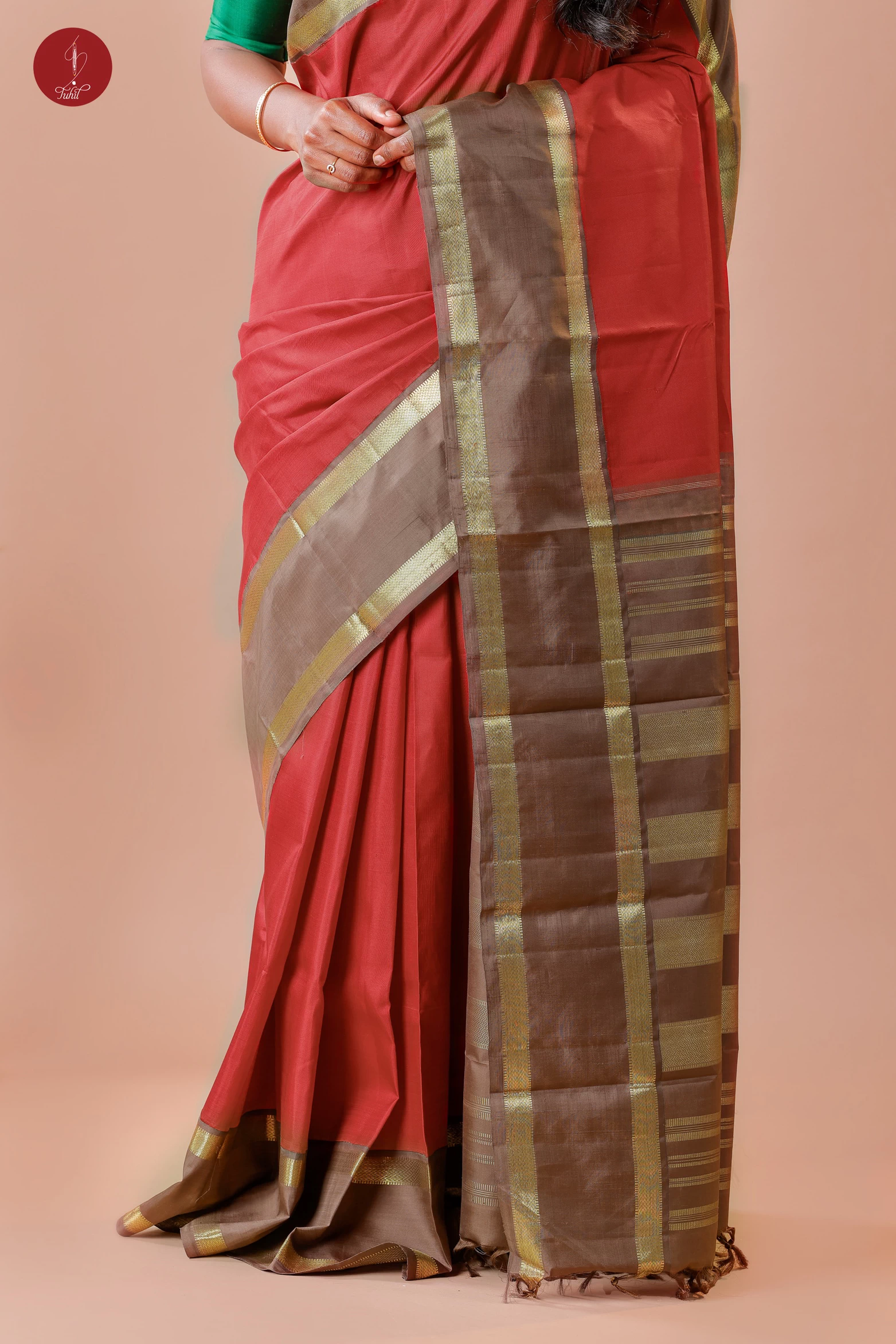 Handloom Kanchipuram Pure Silk Saree - Red with Peanut Brown (MS011)