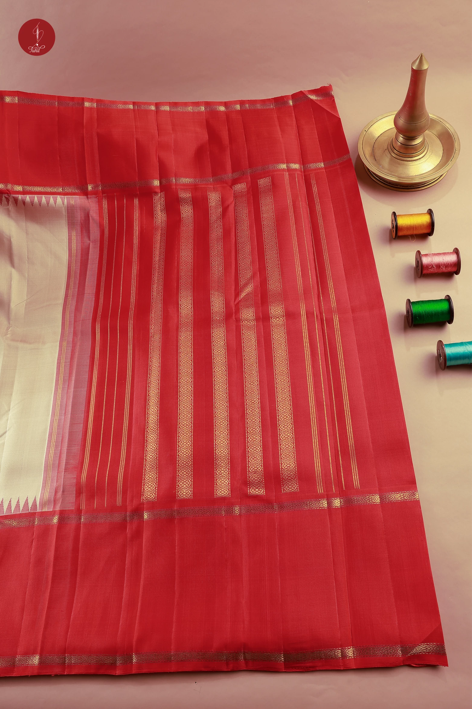 Handloom Kanchipuram Pure Silk Saree - Beige with Orange shot Pink (MS092)