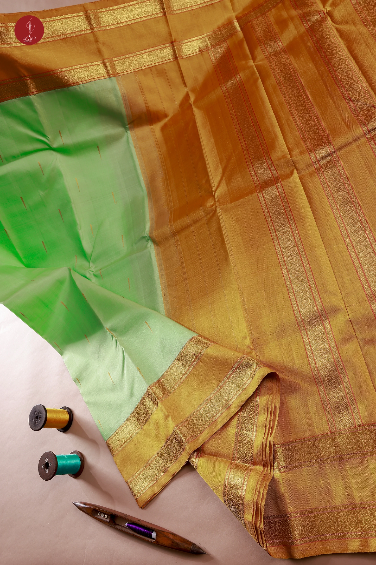 Handloom Kanchipuram Pure Silk Saree – Pista with Mustard (MS046) Handloom Kanchipuram Pure Silk Saree – Pista with Mustard (MS046)