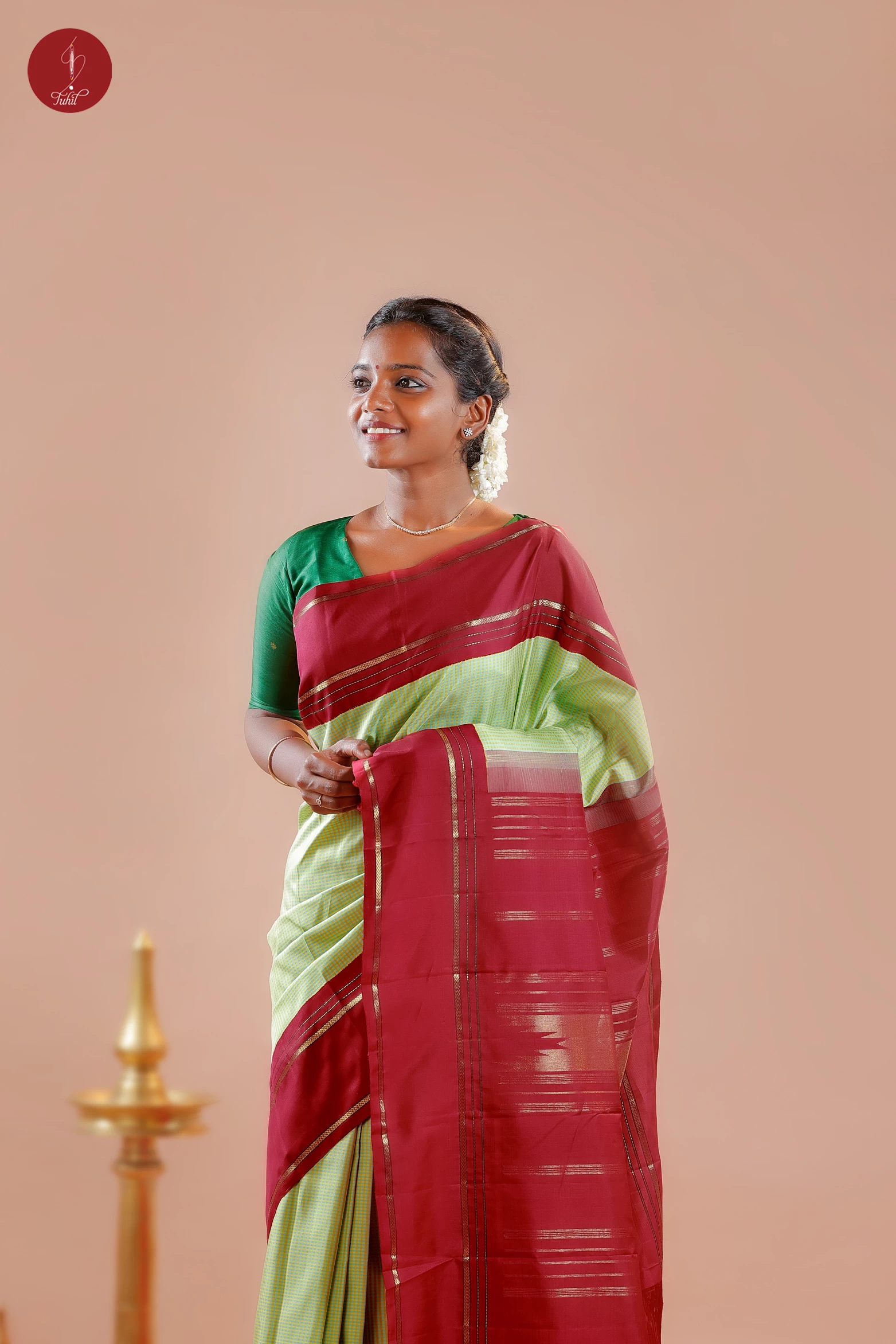 Handloom Kanchipuram Silk Saree - Podi Kattam - Pista-Mustard with Maroon (MS051)
