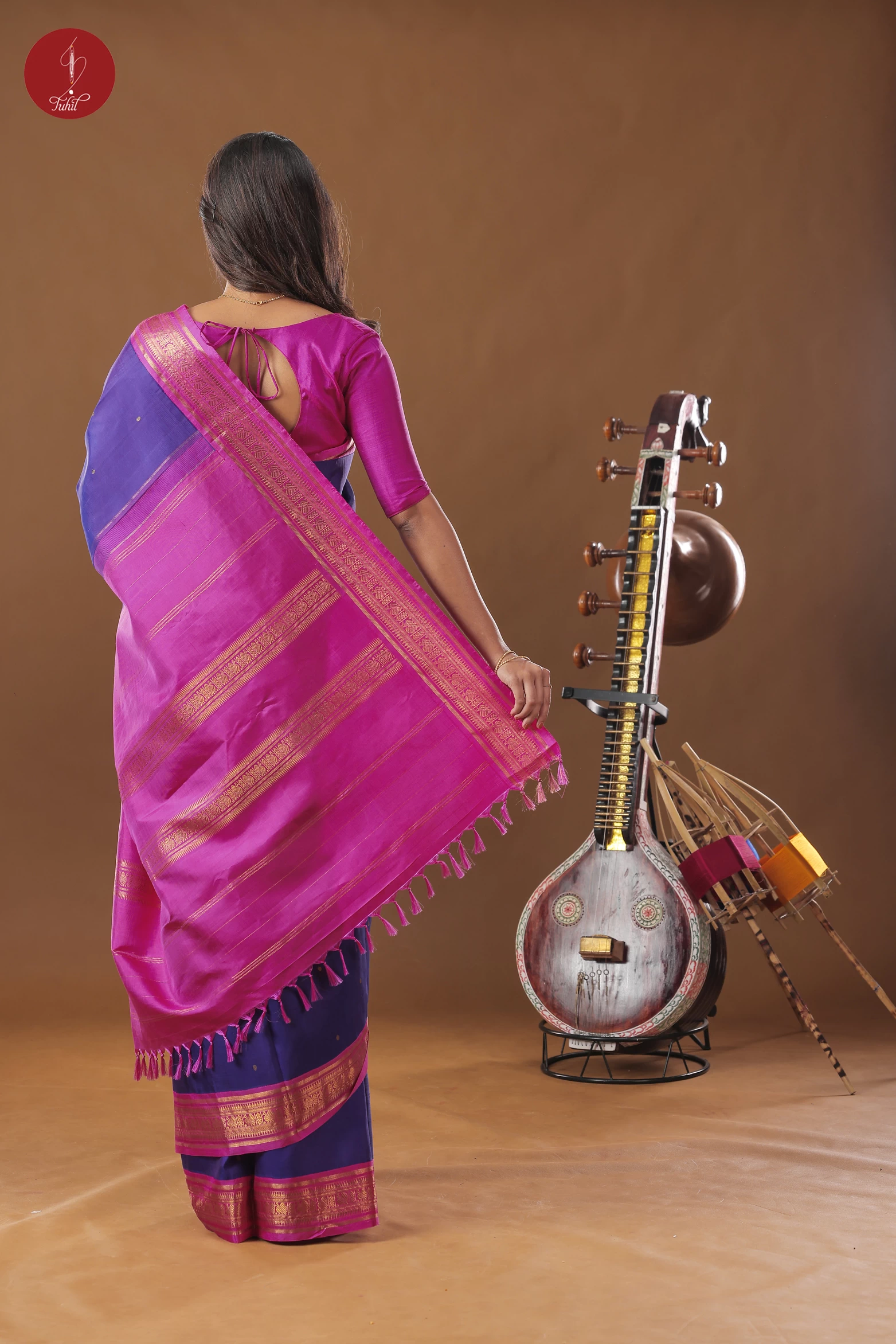 Handloom Kanchipuram Pure Silk Saree - Indigo with Rani Pink Border (SHS357) Handloom Kanchipuram Pure Silk Saree - Indigo with Rani Pink Border (SHS357)