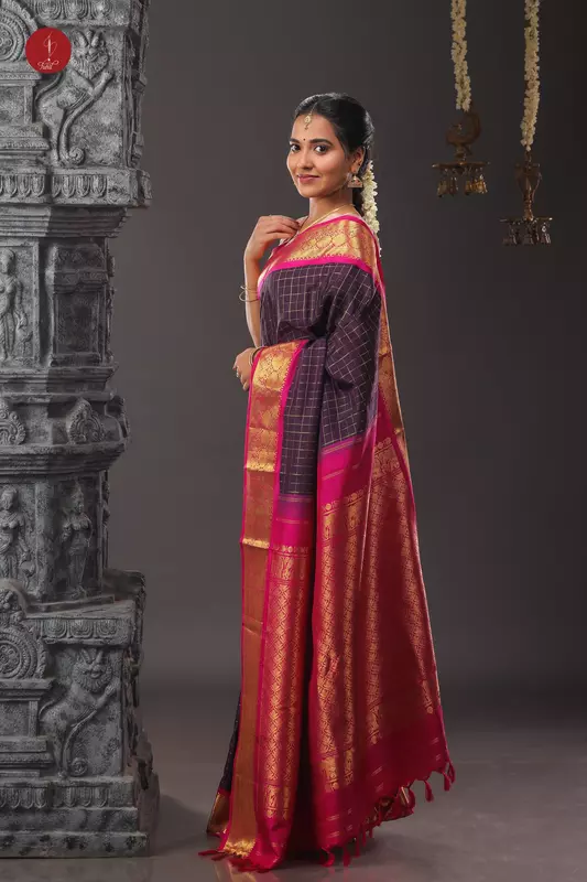 Kanchipuram Silk Saree - Coffee brown kattam with pink border (SHS312A)