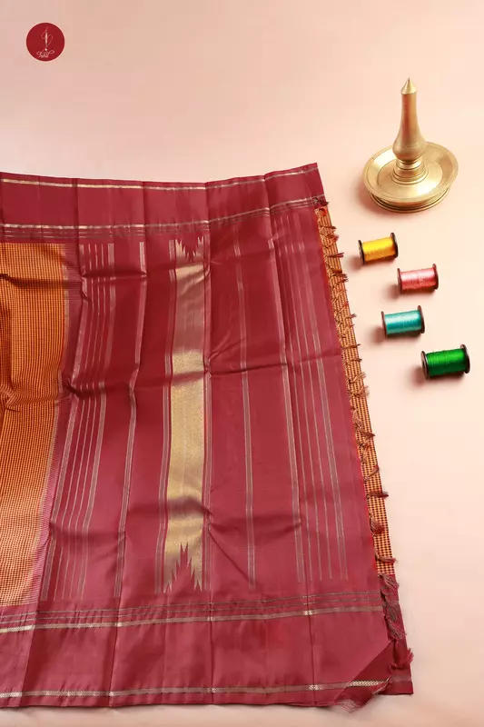 Kanchipuram Silk Saree - Podi Kattam - Orange-Black with Maroon (MS038)