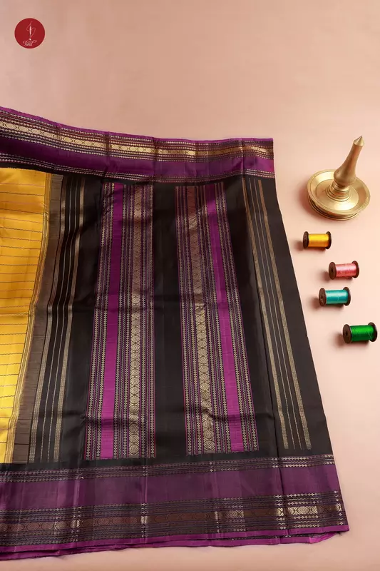 Kanchipuram Silk Saree - Veldhari - Mustard with Black and Kemp (MS037)