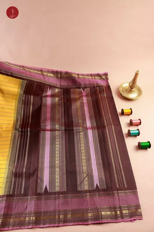Handloom Kanchipuram Pure Silk Saree - Mustard with Wine and Brown (MS069)