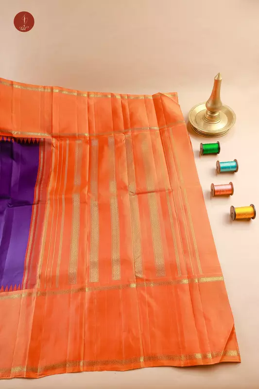 Kanchipuram Silk Saree - Navy Blue with Fanta Orange (Long Border) (MS072)