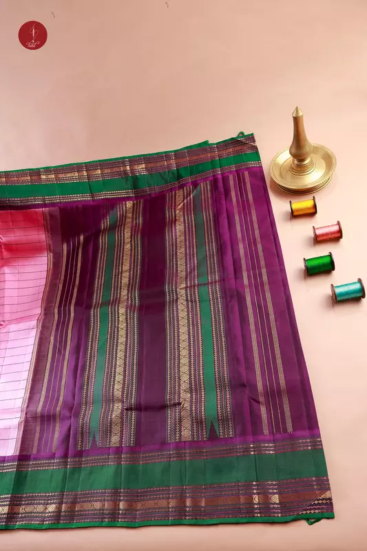 Kanchipuram Silk Saree - Veldhari Kalakshetra - Pink with Wine and Brown (MS075)