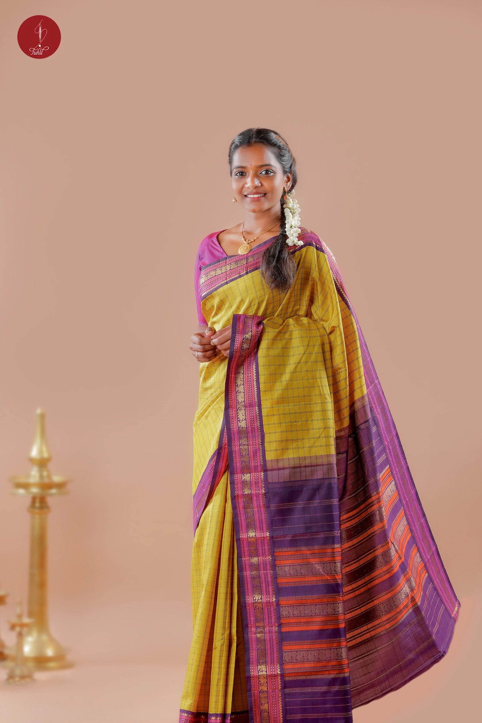 Handloom Kanchipuram Silk Saree - Cardamom Yellow-Green with Jamun (MS005)