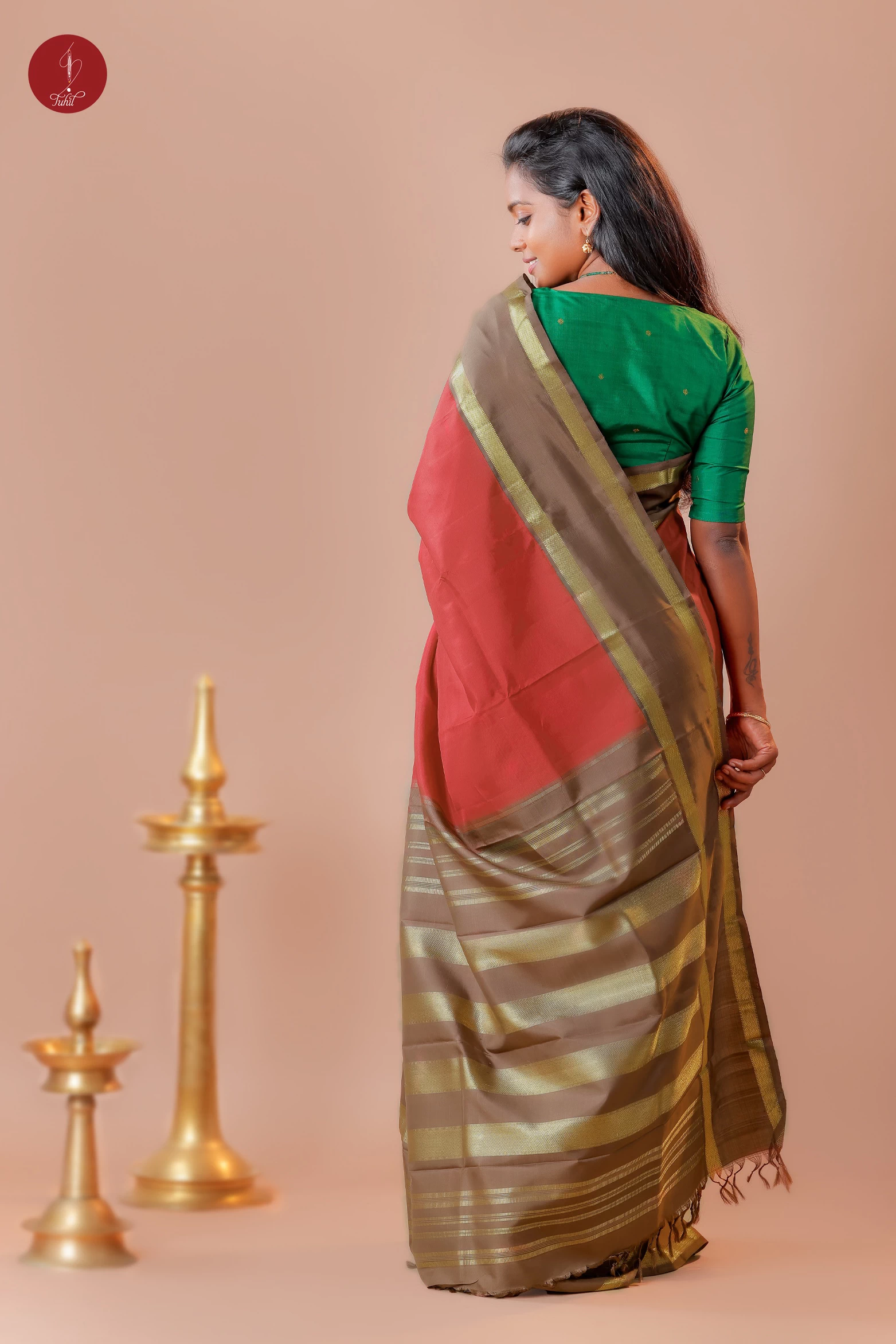 Handloom Kanchipuram Pure Silk Saree - Red with Peanut Brown (MS011)
