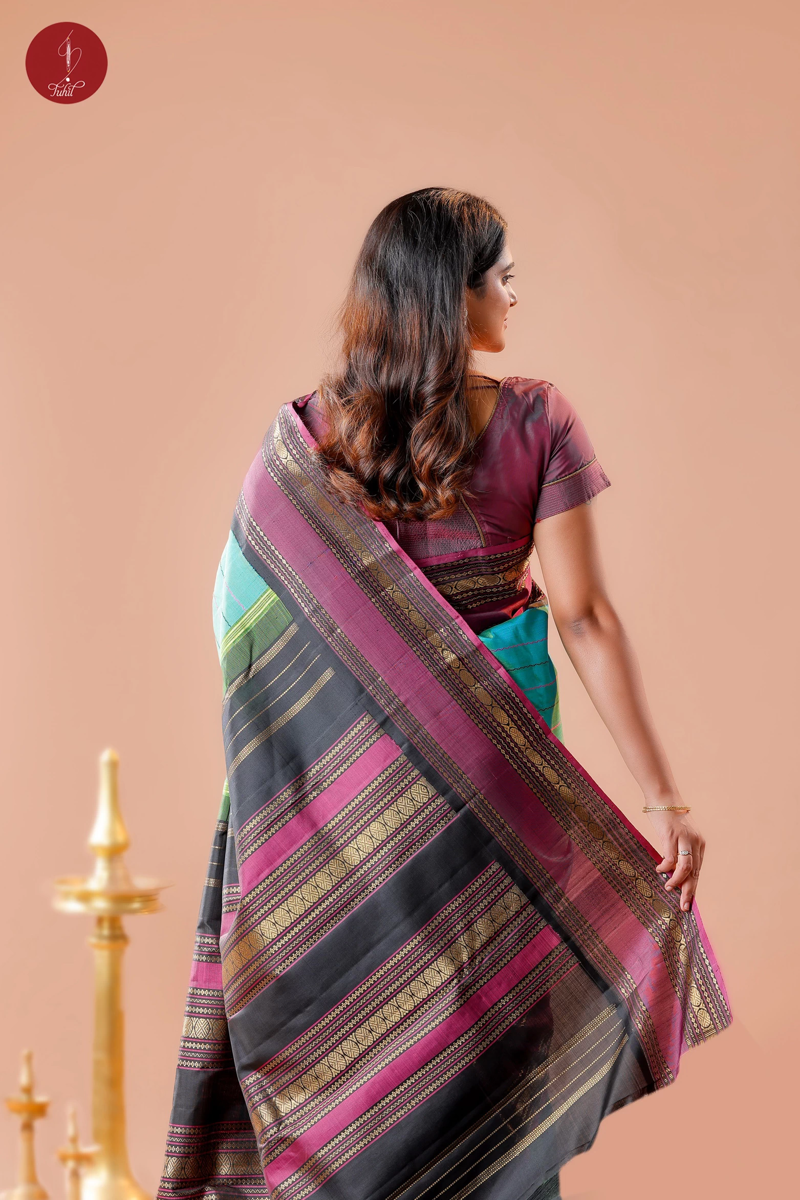 Handloom Kanchipuram Pure Silk Saree – Ananda Blue with Black and Jamun (MS042) Handloom Kanchipuram Pure Silk Saree – Ananda Blue with Black and Jamun (MS042)