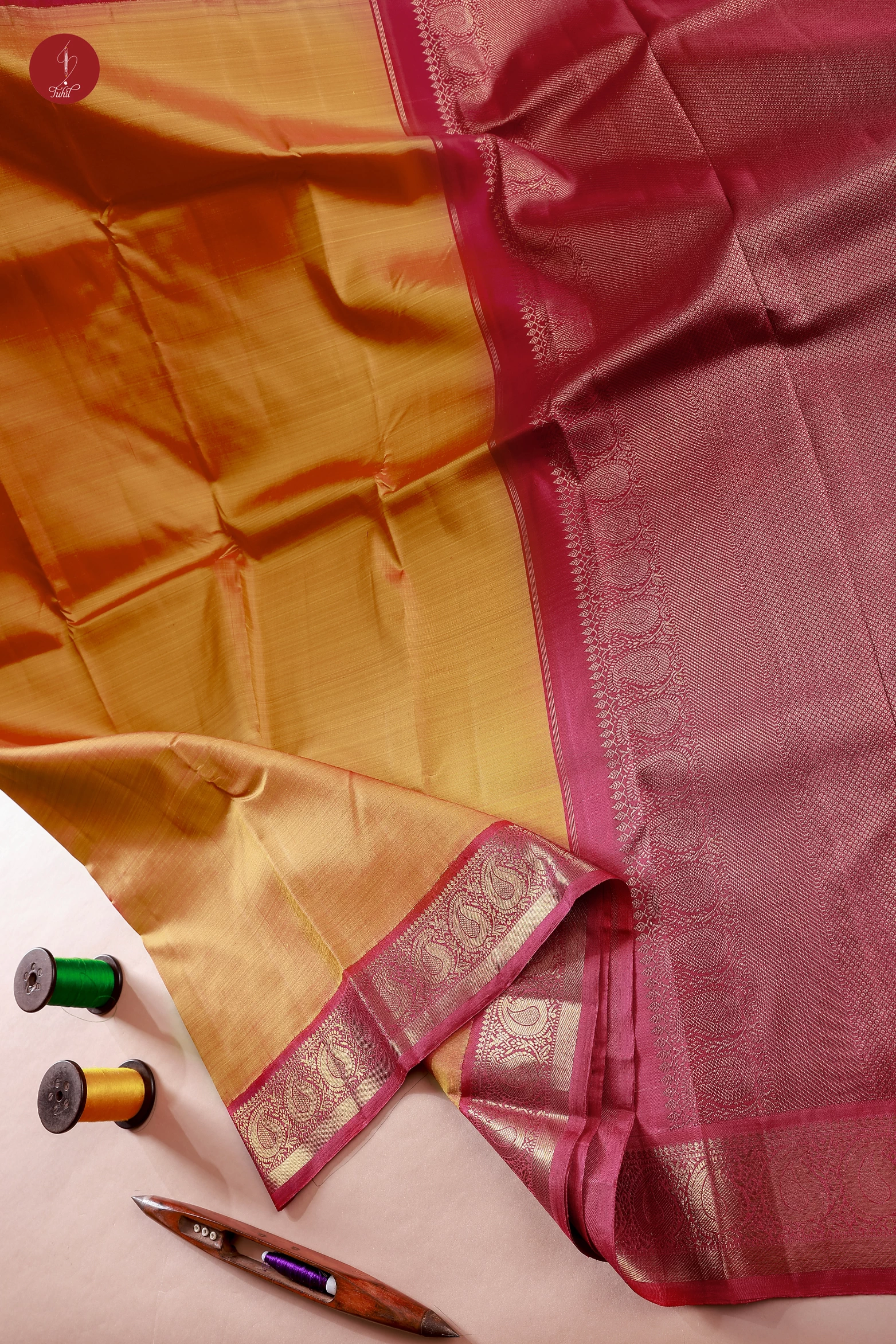 Handloom Kanchipuram Silk Saree - Honey with Maroon (MS084)