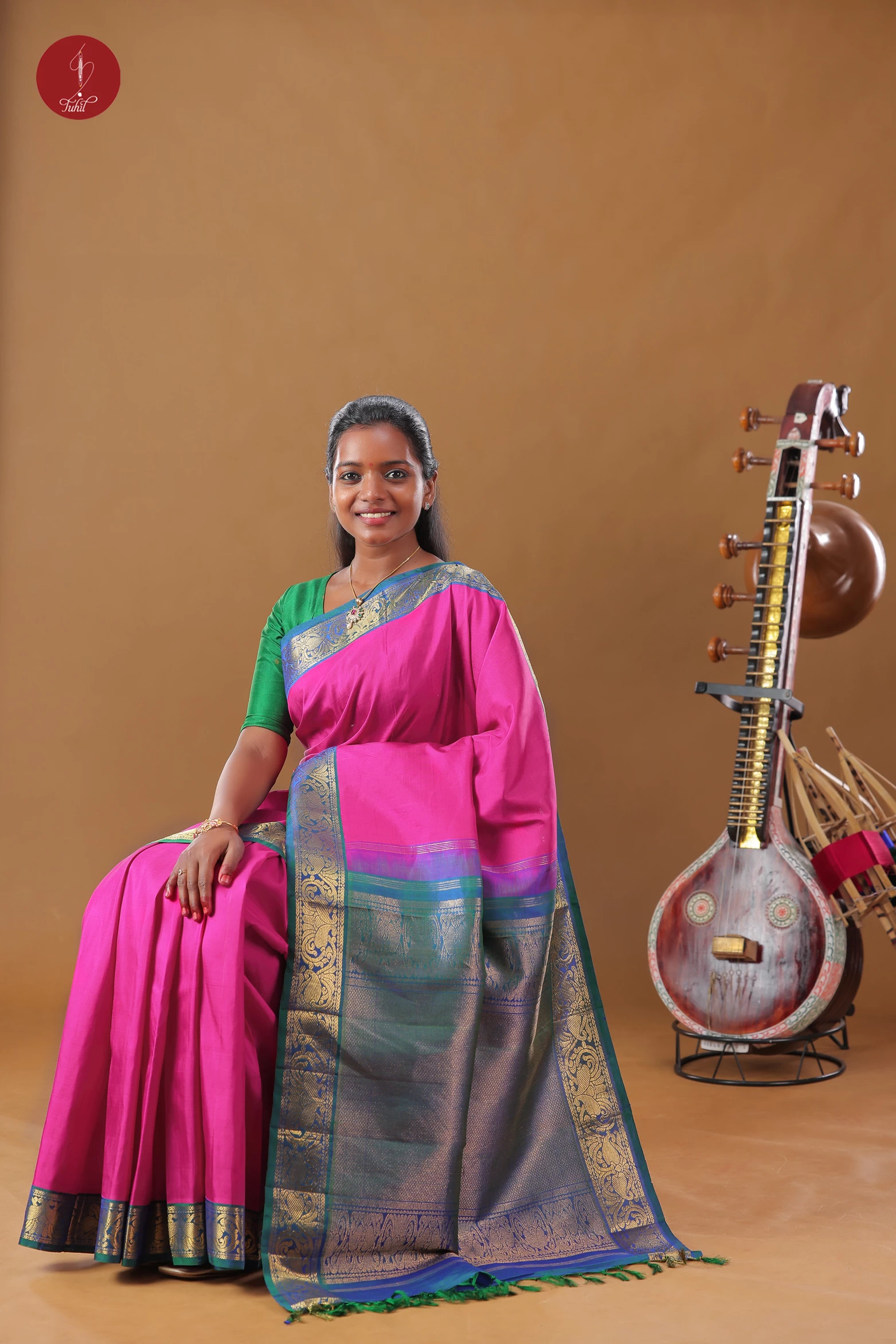 Handloom Kanchipuram Pure Silk Saree - Rani Pink with Peacock Blue Border (SHS364)