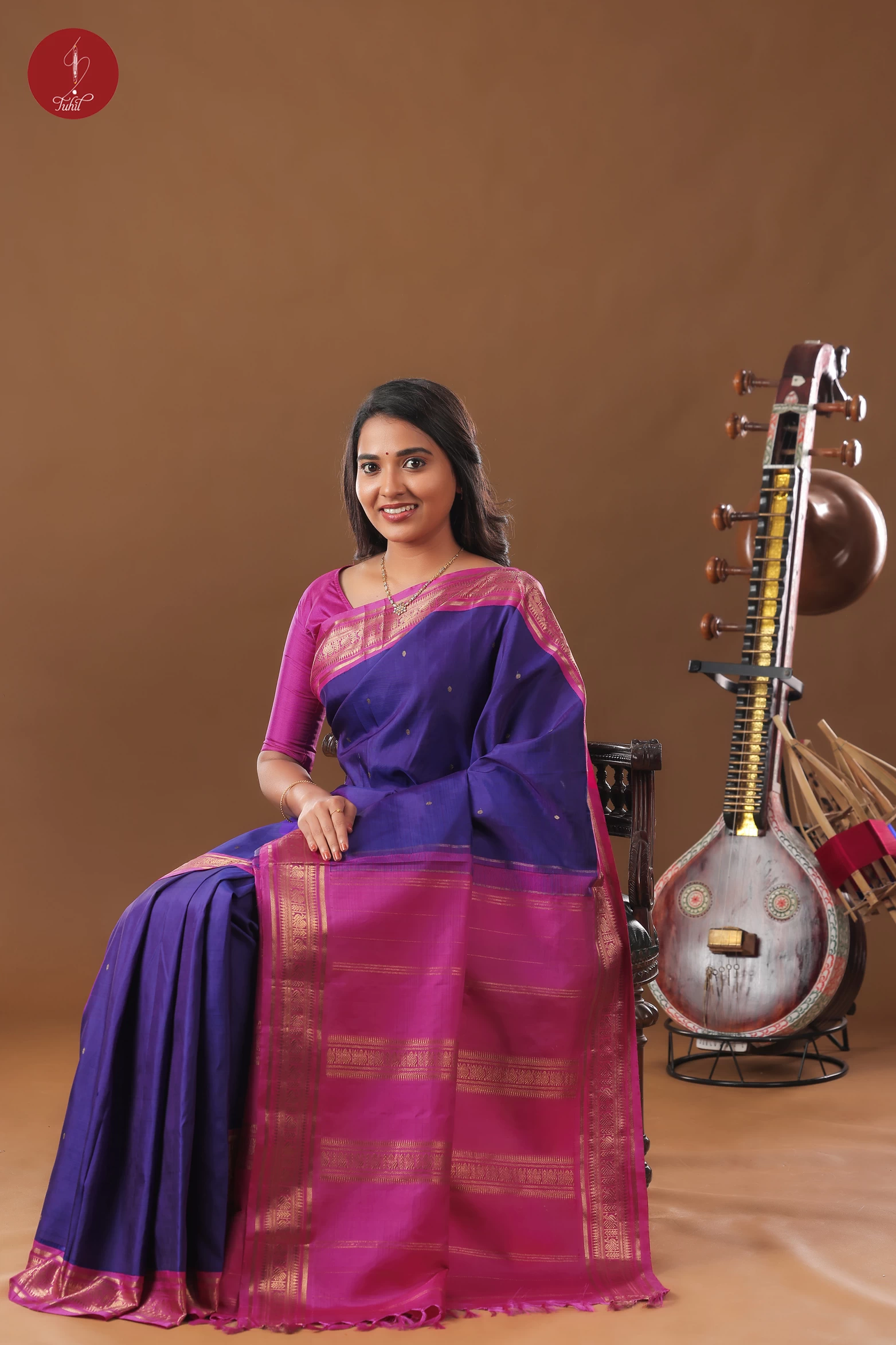 Handloom Kanchipuram Pure Silk Saree - Indigo with Rani Pink Border (SHS357) Handloom Kanchipuram Pure Silk Saree - Indigo with Rani Pink Border (SHS357)
