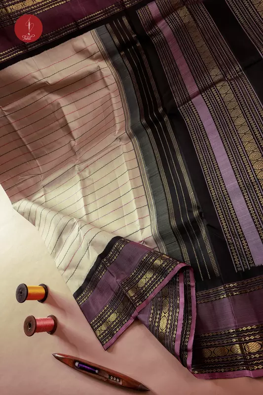 Kanchipuram Silk Saree - Veldhari Kalakshetra - Beige with Wine and Black (MS064) Kanchipuram Silk Saree - Veldhari Kalakshetra - Beige with Wine and Black (MS064)