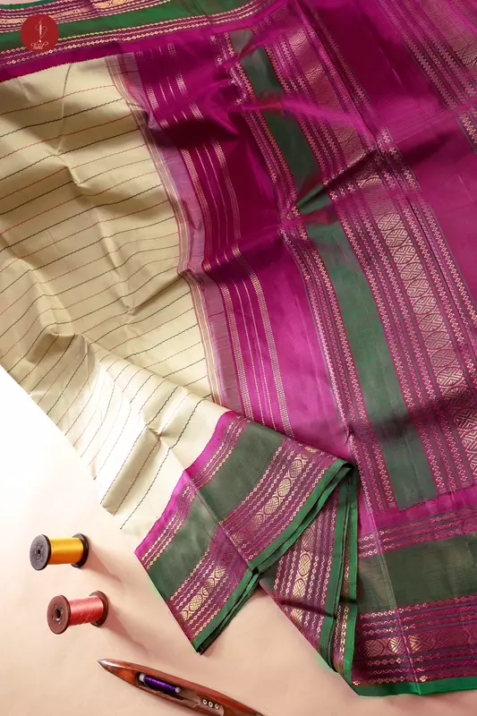 Kanchipuram Silk Saree - Veldhari Kalakshetra - Beige with Wine and Green (MS068)