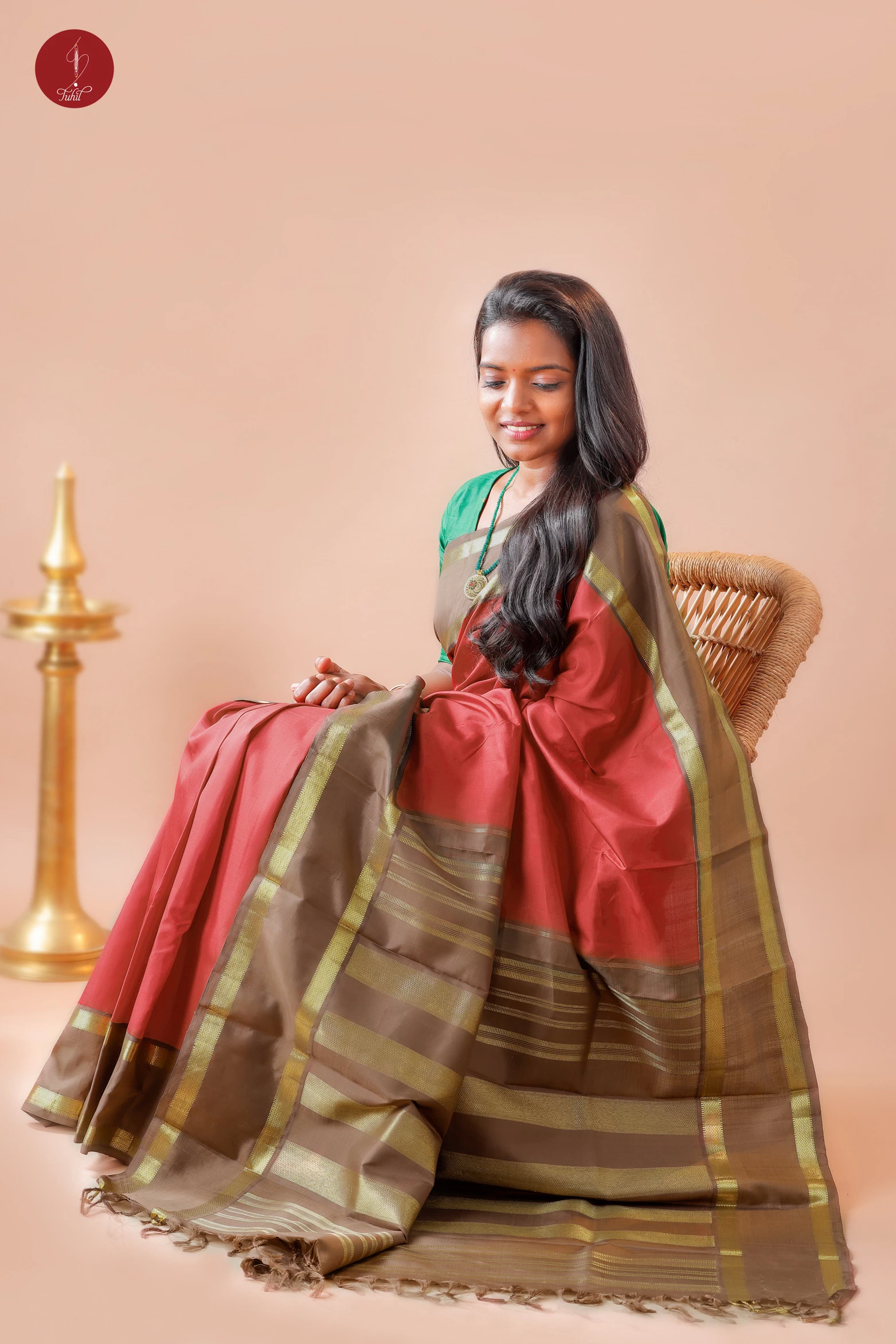 Handloom Kanchipuram Pure Silk Saree - Red with Peanut Brown (MS011)