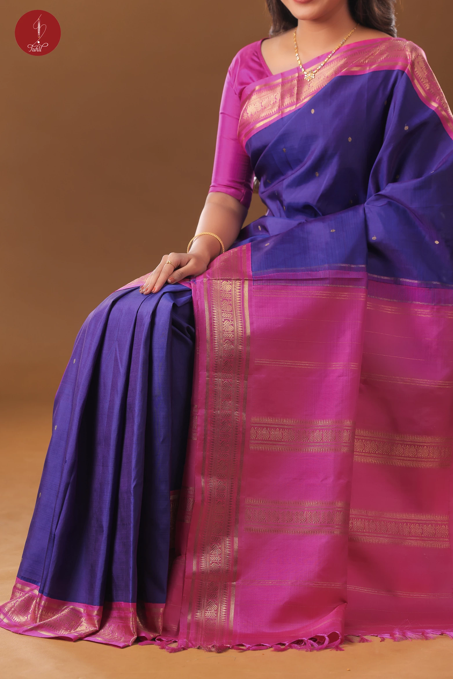 Handloom Kanchipuram Pure Silk Saree - Indigo with Rani Pink Border (SHS357) Handloom Kanchipuram Pure Silk Saree - Indigo with Rani Pink Border (SHS357)