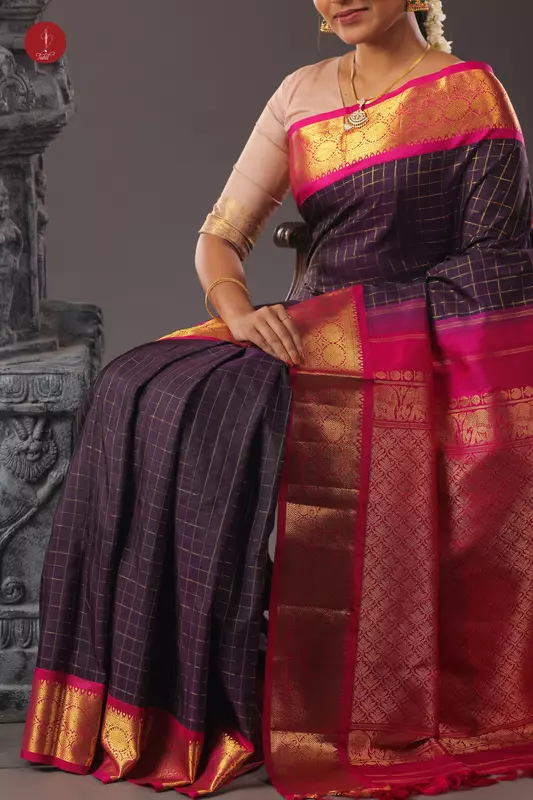 Kanchipuram Silk Saree - Coffee brown kattam with pink border (SHS312A)