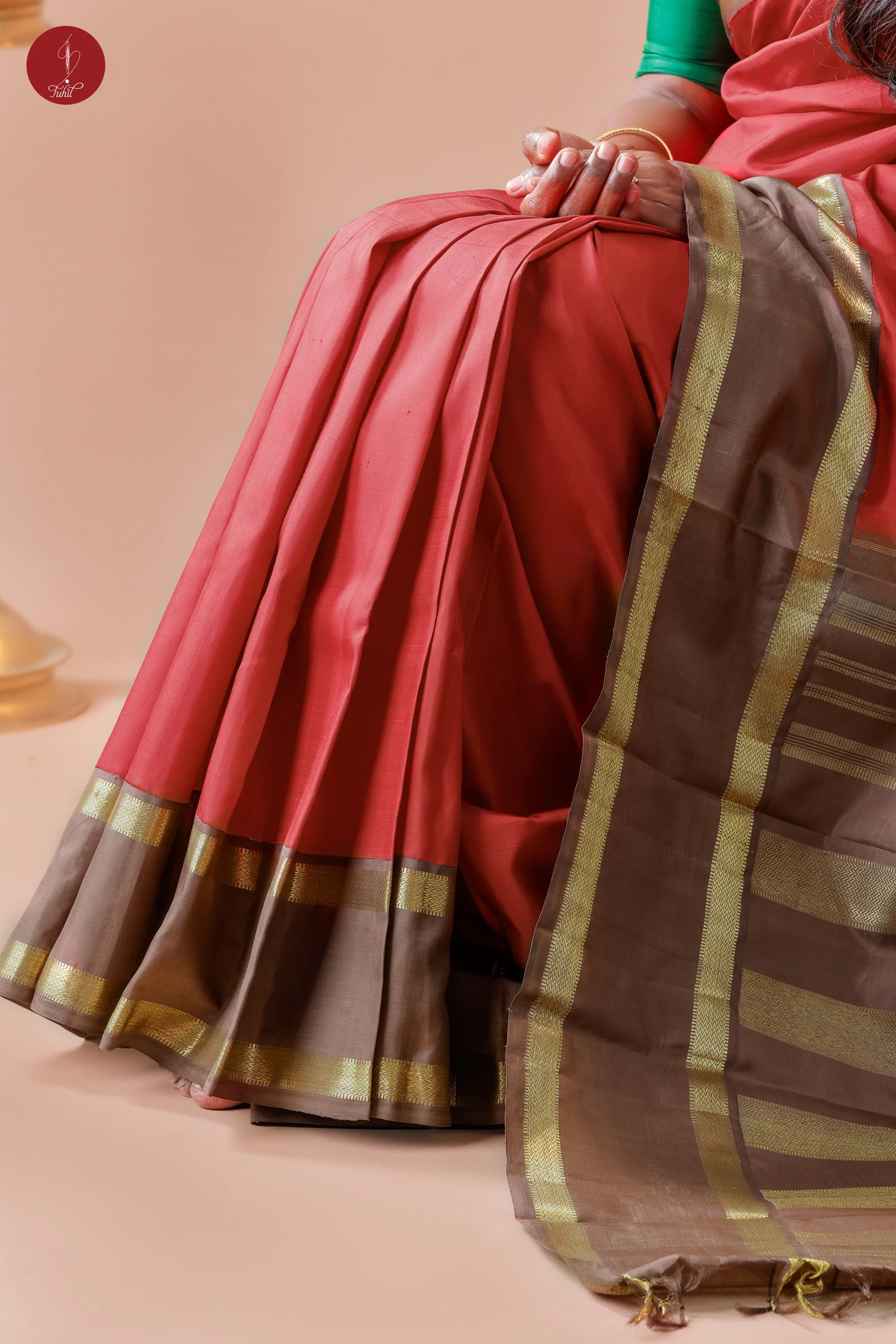 Handloom Kanchipuram Pure Silk Saree - Red with Peanut Brown (MS011)