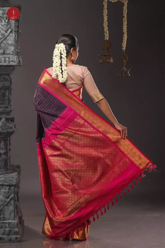 Kanchipuram Silk Saree - Coffee brown kattam with pink border (SHS312A)