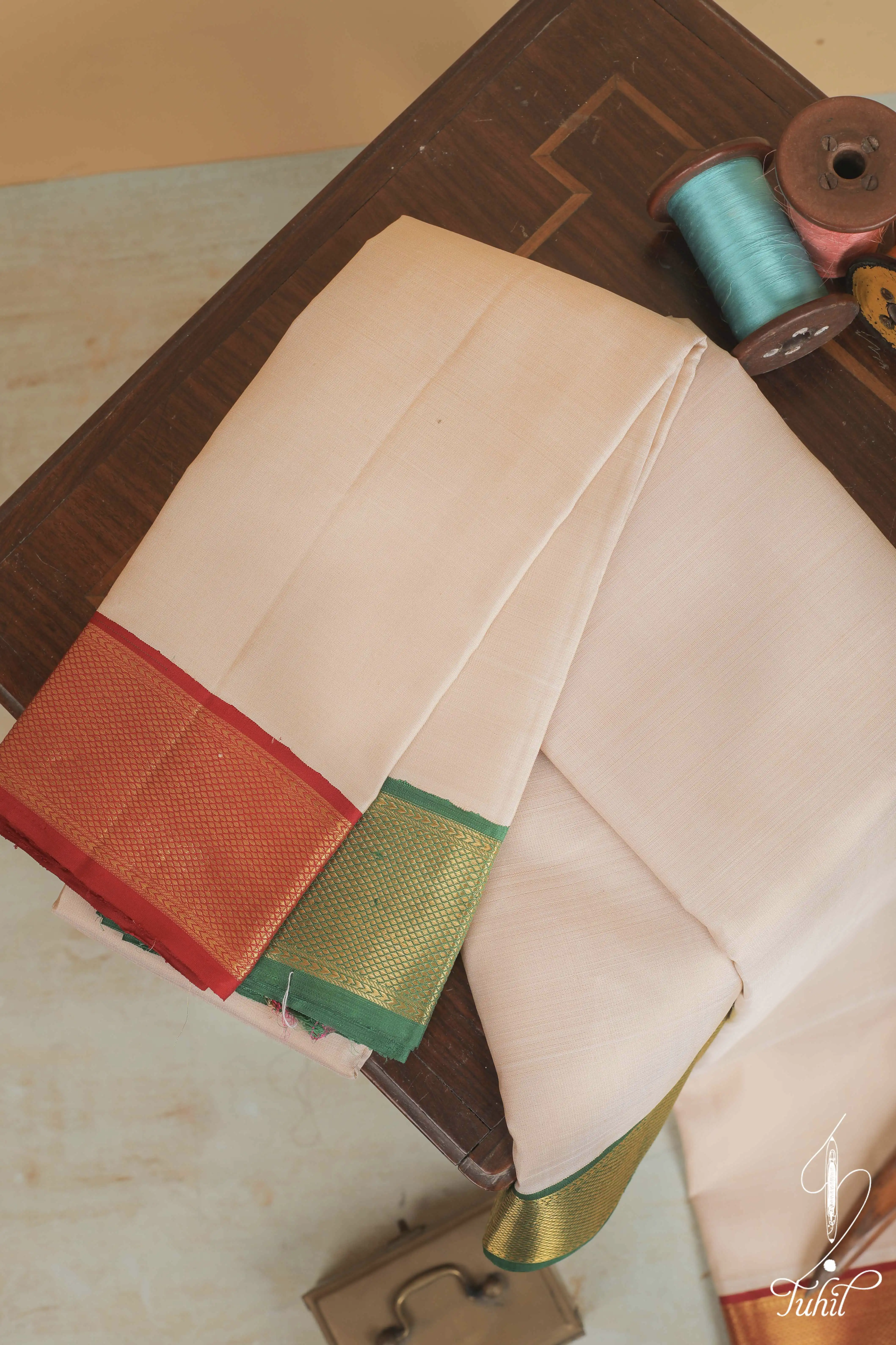 Handloom Pure Silk Veshti & Angavastaram - Ivory - Ganga Jamuna (Red and Green) Kuyil Kann and Vangi Gold Zari Big Border - 9*5 (SVA304) Handloom Pure Silk Veshti & Angavastaram - Ivory - Ganga Jamuna (Red and Green) Kuyil Kann and Vangi Gold Zari Big Border - 9*5 (SVA304)