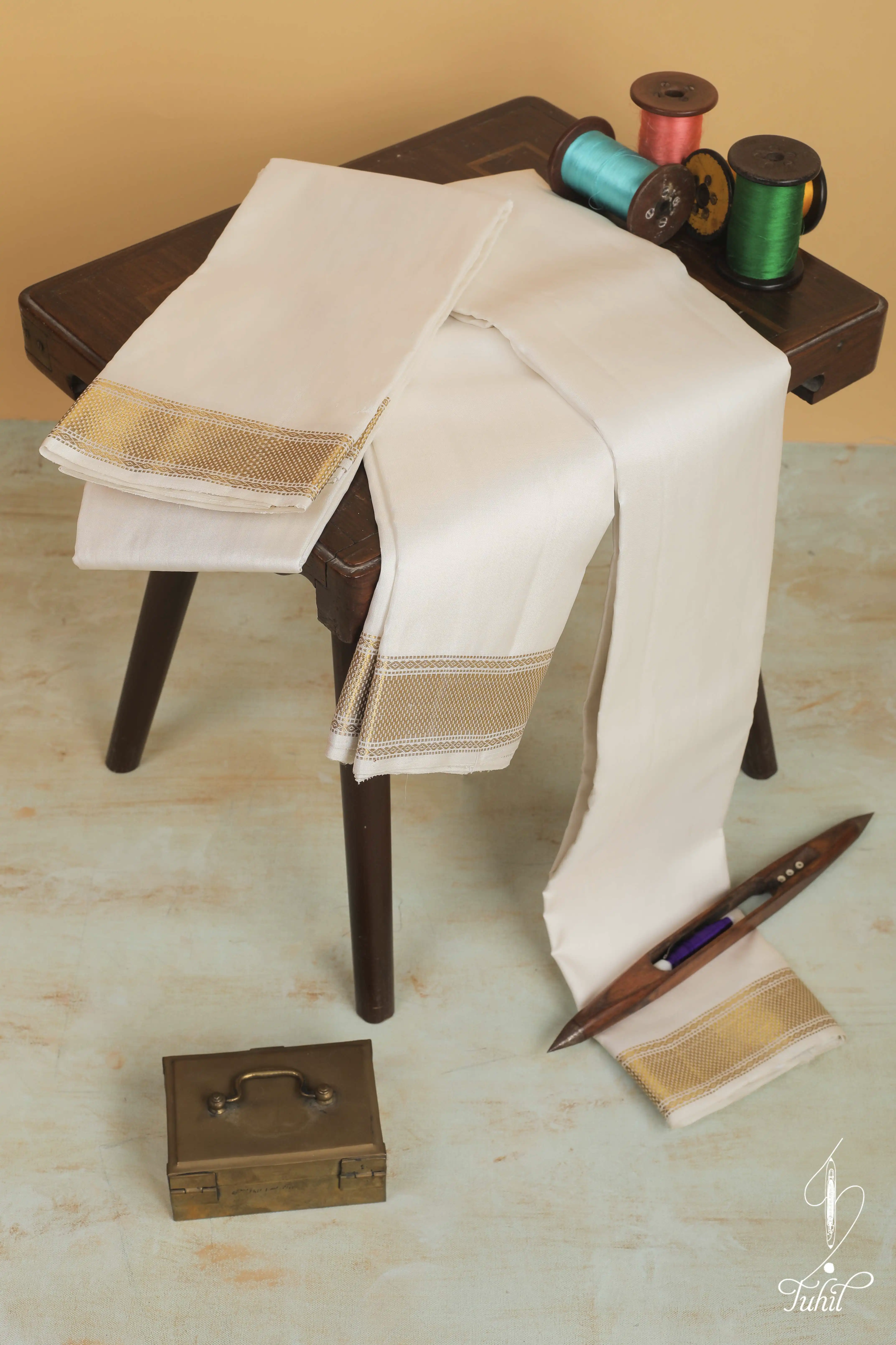 Handloom Pure Silk Veshti &amp; Angavastaram - Half White with Pai Madi Gold Zari Small Border - 9*5 (SVA300)