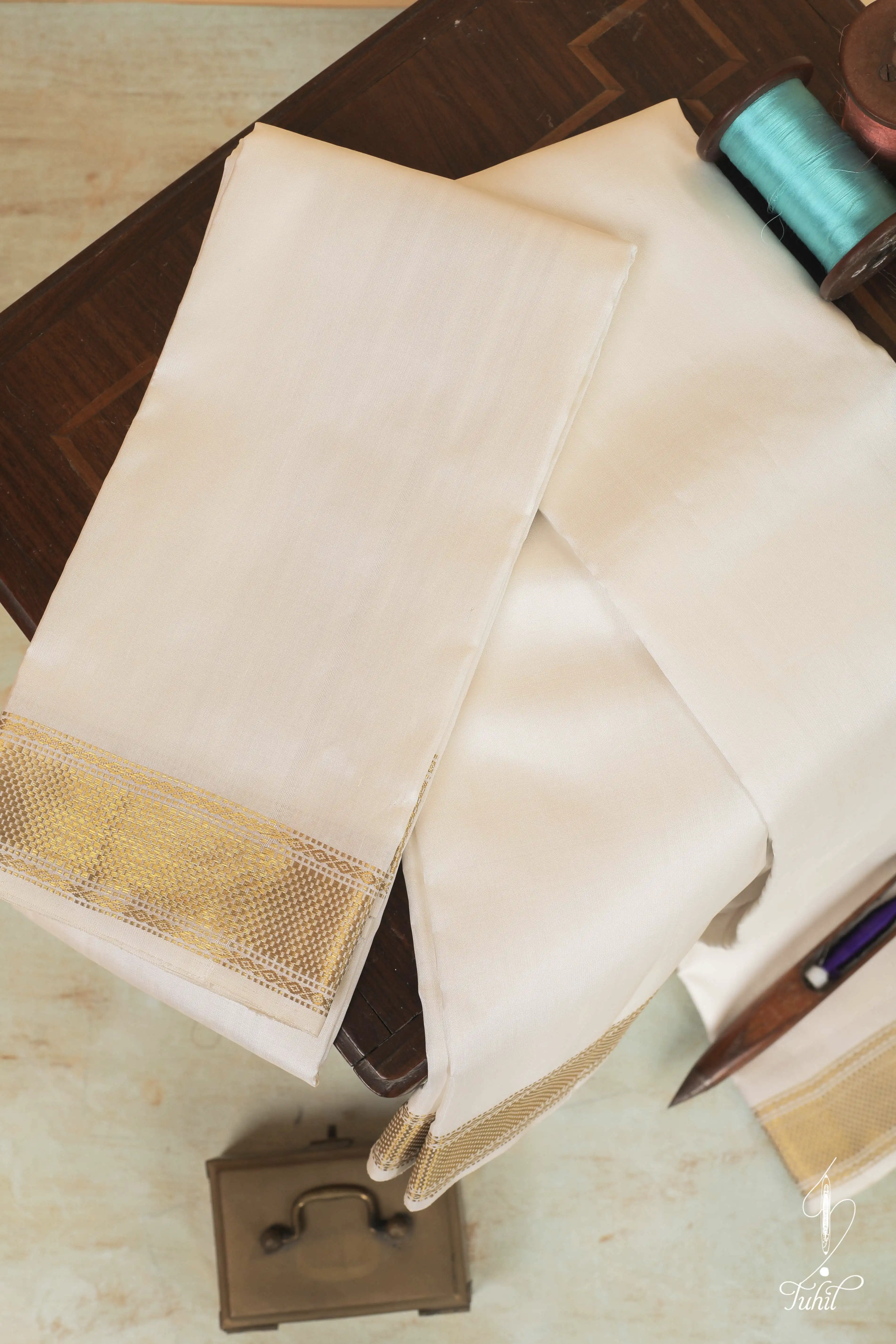 Handloom Pure Silk Veshti &amp; Angavastaram - Half White with Pai Madi Gold Zari Small Border - 9*5 (SVA300)
