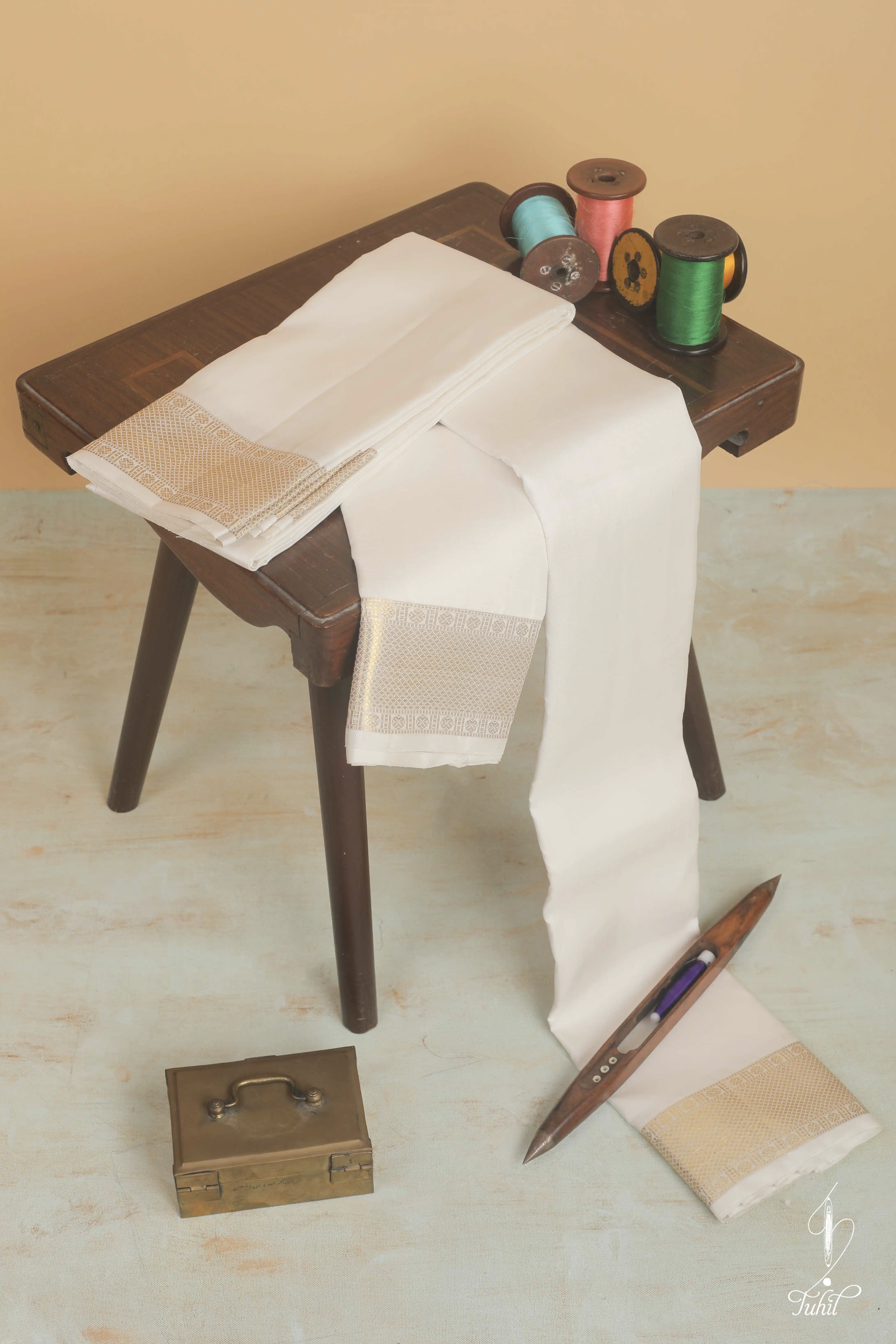 Handloom Pure Silk Veshti & Angavastaram - Ivory with Kuyil Kannu and Poun Gold Zari Big Border - 8*4 (SVA303)