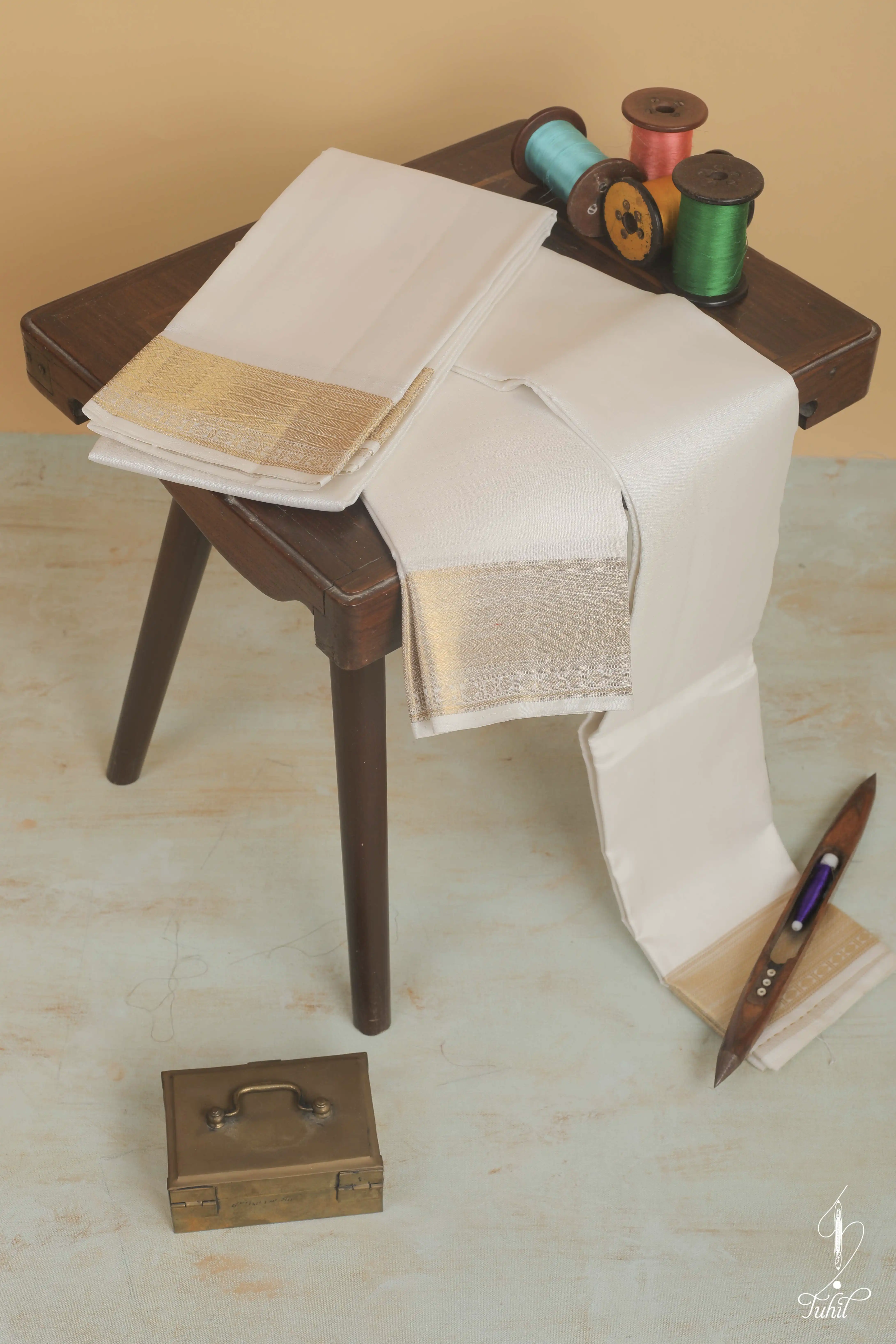 Handloom Pure Silk Veshti & Angavastaram - Half White with Vangi and Poun Gold Zari Big Border - 9*5 (SVA307)